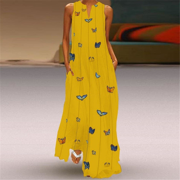 Butterfly Print V-Neck Sleeveless Long Dress Maxi Dress