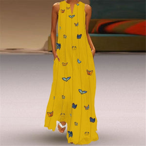 Butterfly Print V-Neck Sleeveless Long Dress Maxi Dress