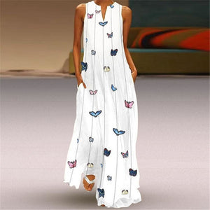 Butterfly Print V-Neck Sleeveless Long Dress Maxi Dress