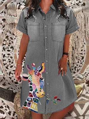 Giraffe Animal Print Half Sleeves Casual Denim Dresses_b