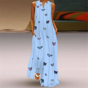Butterfly Print V-Neck Sleeveless Long Dress Maxi Dress