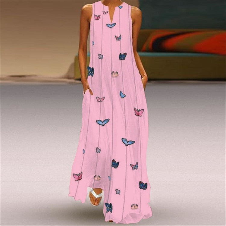 Butterfly Print V-Neck Sleeveless Long Dress Maxi Dress