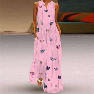 Butterfly Print V-Neck Sleeveless Long Dress Maxi Dress