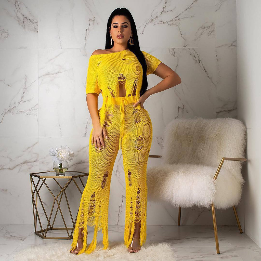 O Neck Broken Holes Two-piece Set