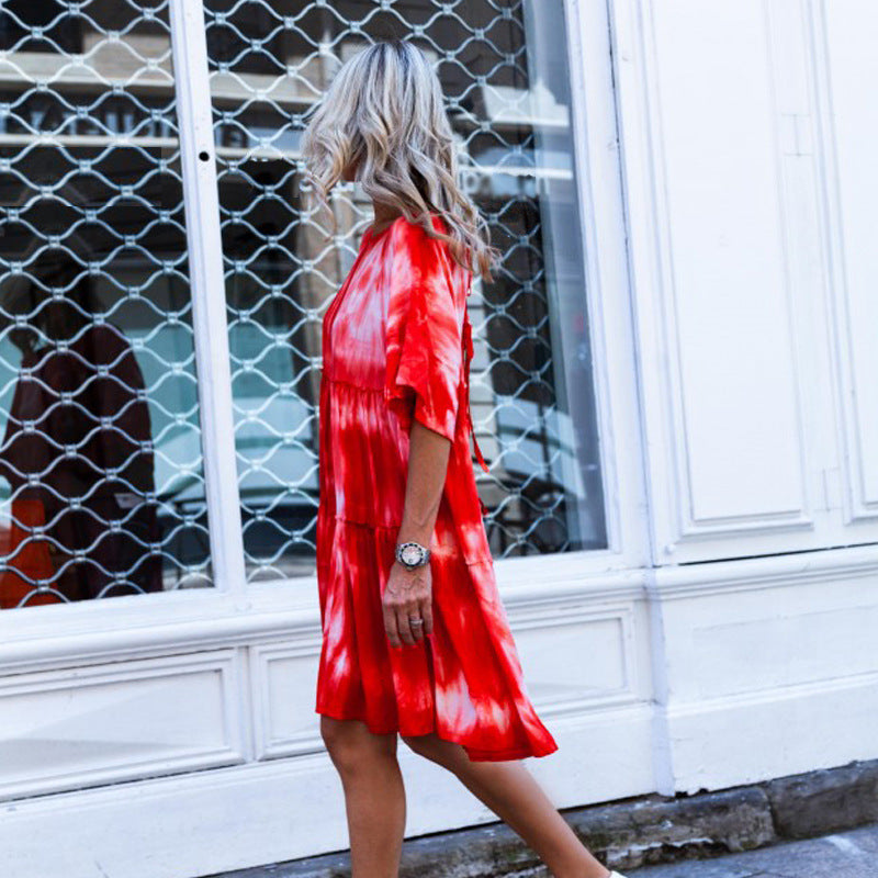 Fashion new round neck sleeves tie-dye loose dress