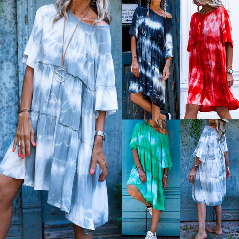Fashion new round neck sleeves tie-dye loose dress