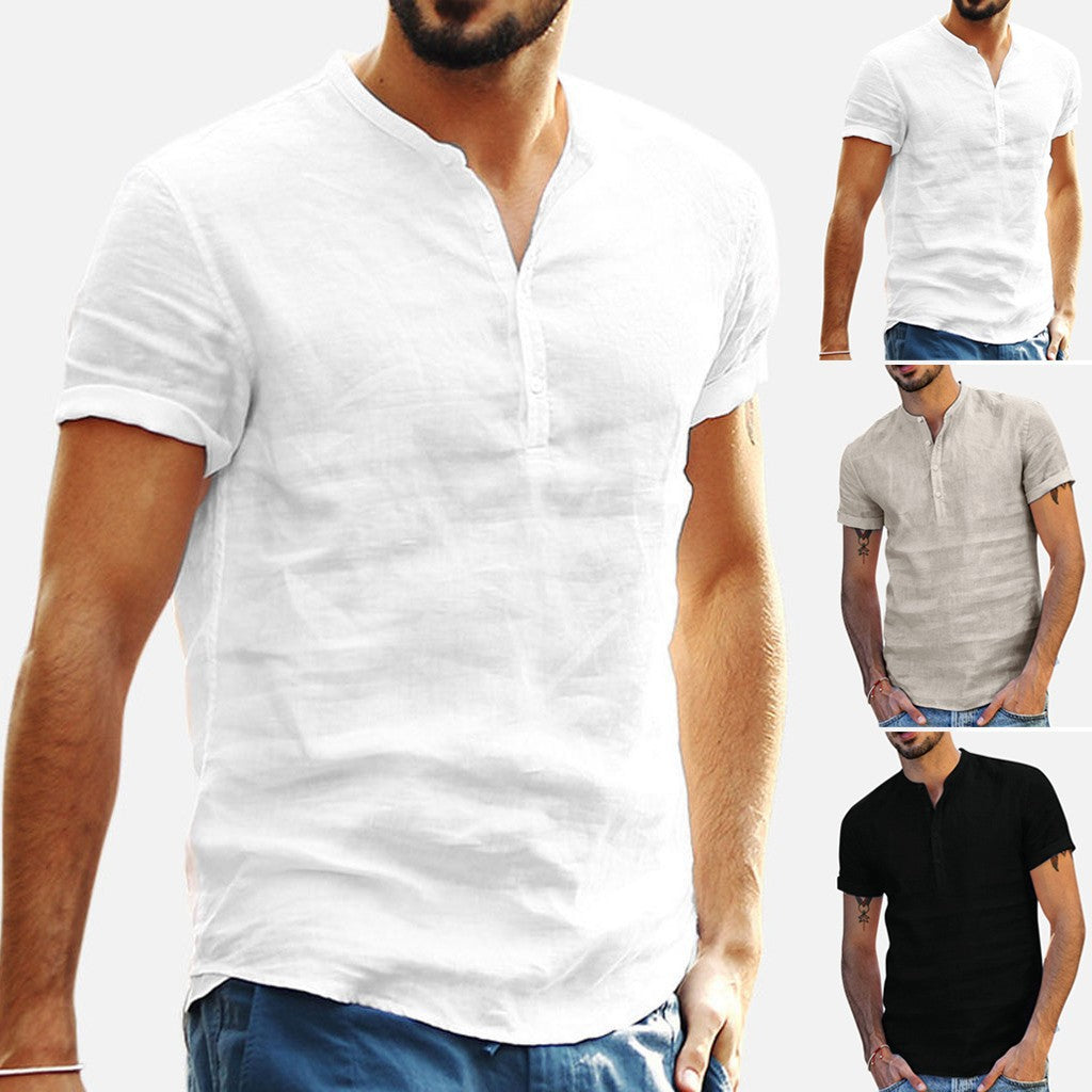 Fashion New European and American Men's Stand Collar Cotton Linen Short Sleeve Shirt