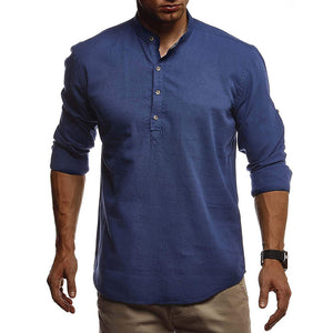 Fashion European and American men's cotton and linen solid color pullover stand collar white shirt