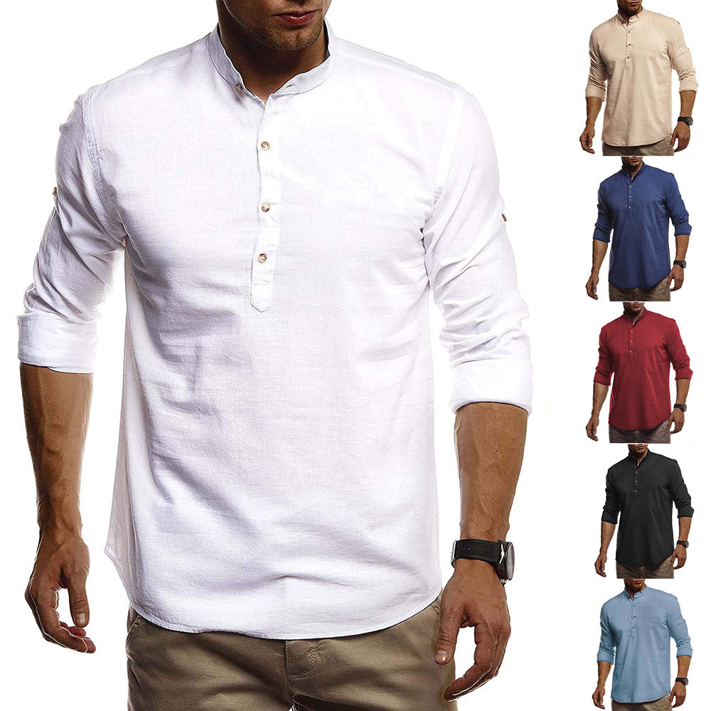 Fashion European and American men's cotton and linen solid color pullover stand collar white shirt