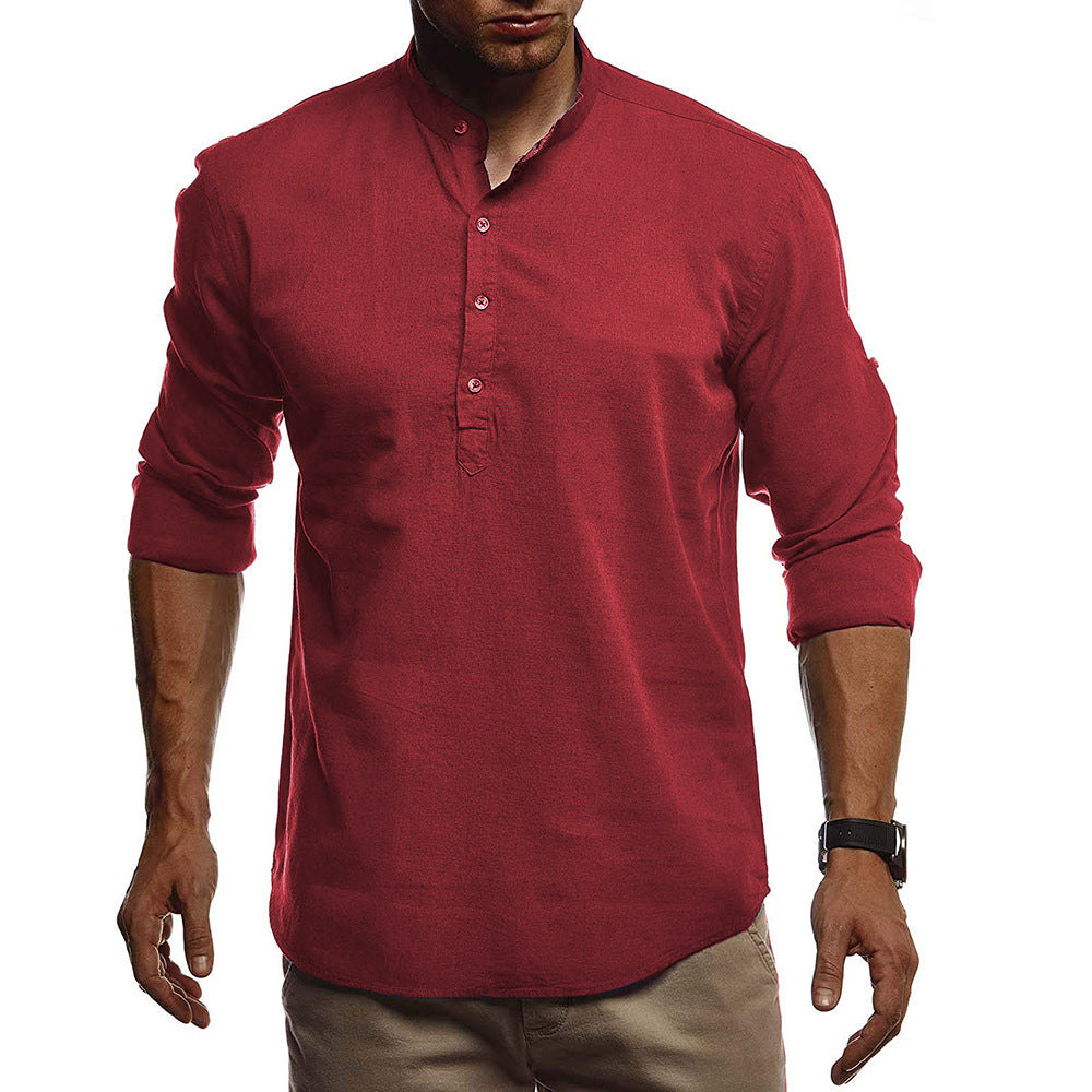 Fashion European and American men's cotton and linen solid color pullover stand collar white shirt