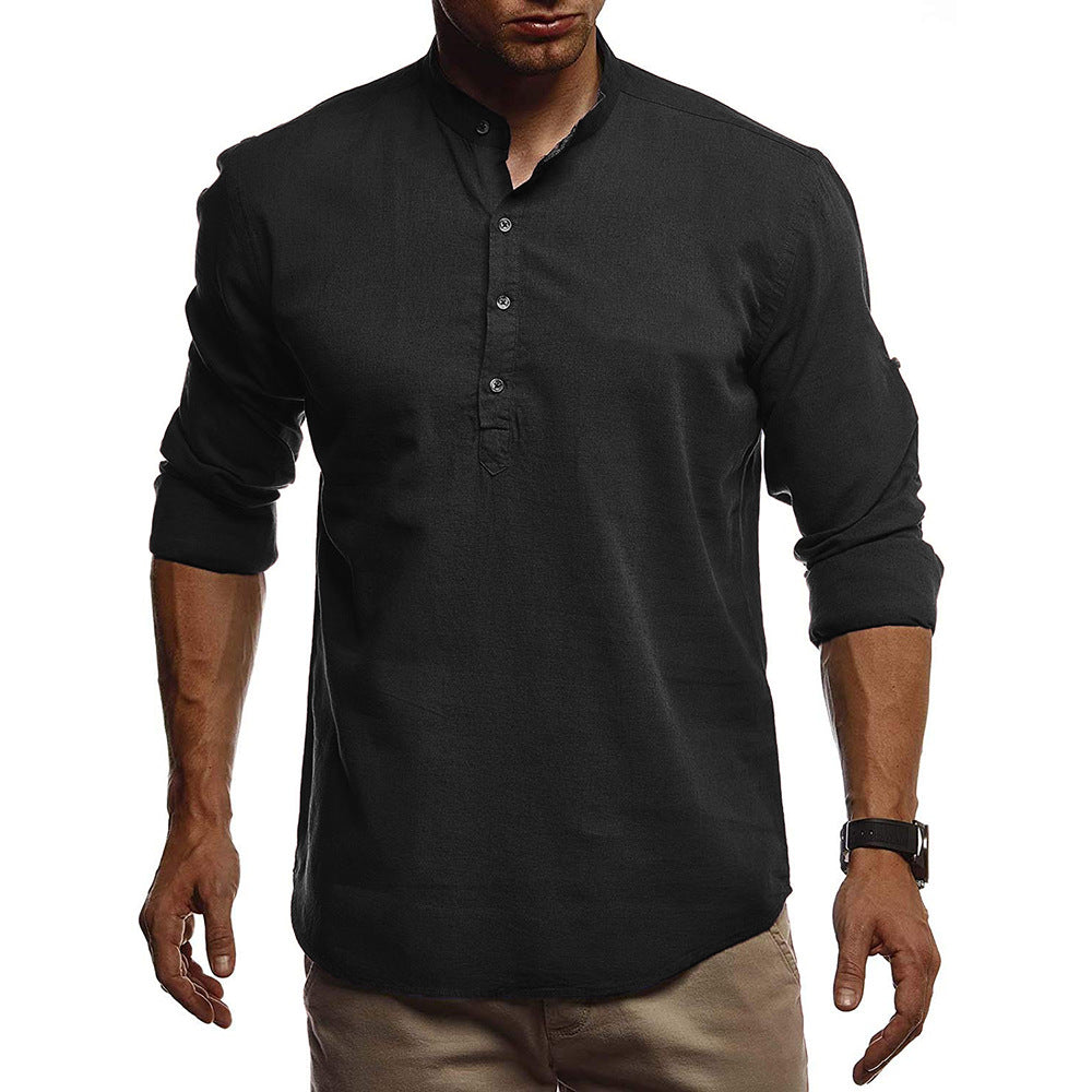 Fashion European and American men's cotton and linen solid color pullover stand collar white shirt