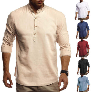 Fashion European and American men's cotton and linen solid color pullover stand collar white shirt