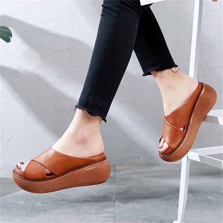 Fashion Trifle Thick Bottom Retro Cross Round Head Fork Wedge Slippers