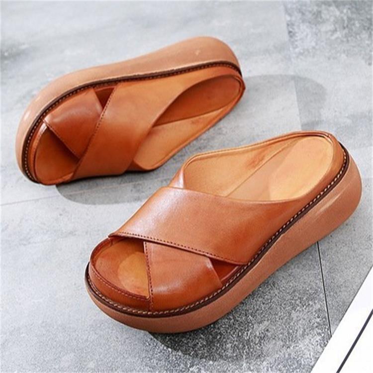 Fashion Trifle Thick Bottom Retro Cross Round Head Fork Wedge Slippers