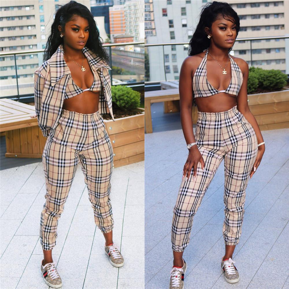 Sexy Striped Plaid 3 Piece Outfits Bikini Top Blazer Jackets Pencil Pants Jumpsuits