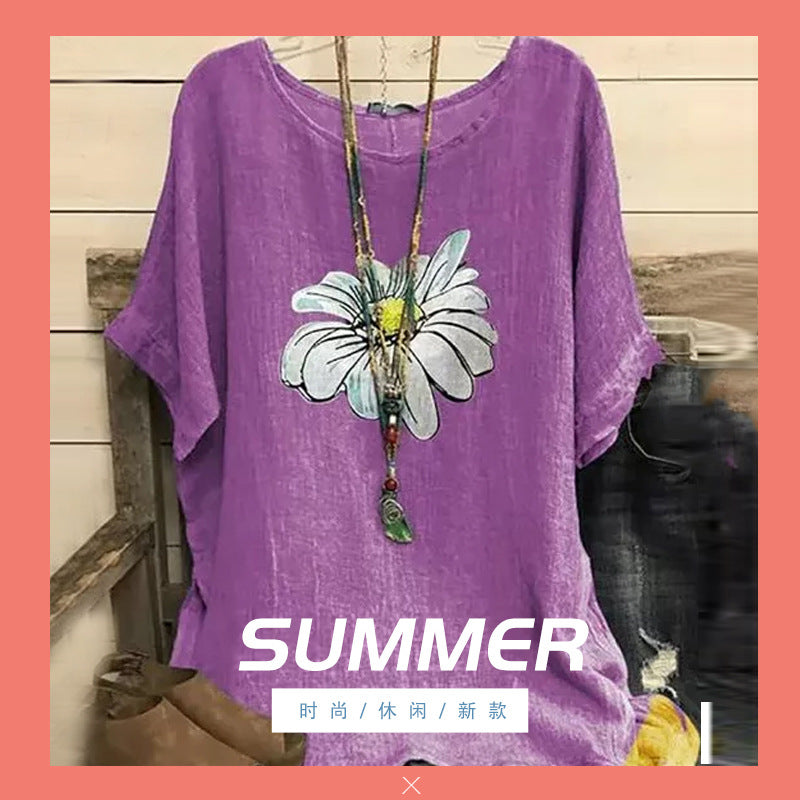 2020 new chrysanthemum print round neck T-shirt