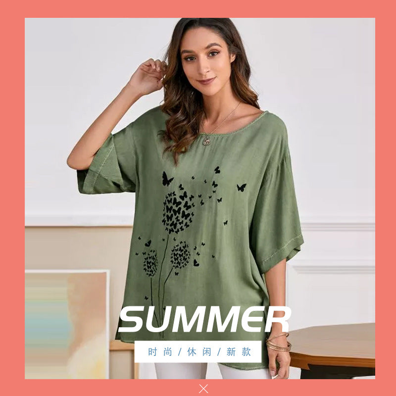 Fashion new cotton round neck dandelion print top