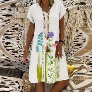 Fashion new printed bouquet waist V-neck short-sleeved A-line skirt