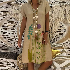 Fashion new printed bouquet waist V-neck short-sleeved A-line skirt