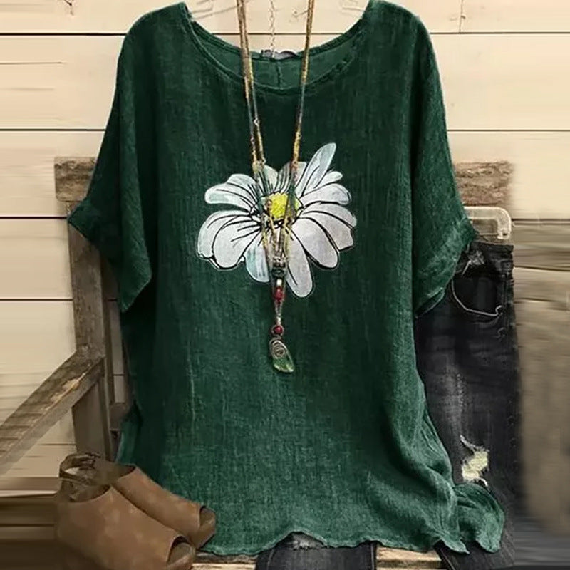 2020 new chrysanthemum print round neck T-shirt