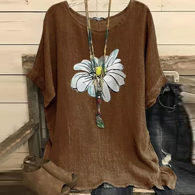 2020 new chrysanthemum print round neck T-shirt