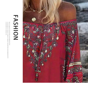 Fashion new loose sexy one-shoulder printed pullover blouse