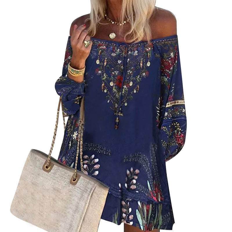 Fashion new loose sexy one-shoulder printed pullover blouse