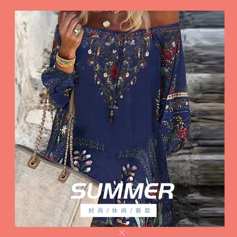 Fashion new loose sexy one-shoulder printed pullover blouse