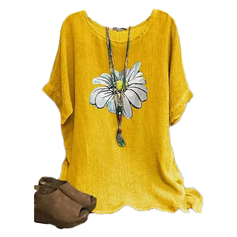 2020 new chrysanthemum print round neck T-shirt