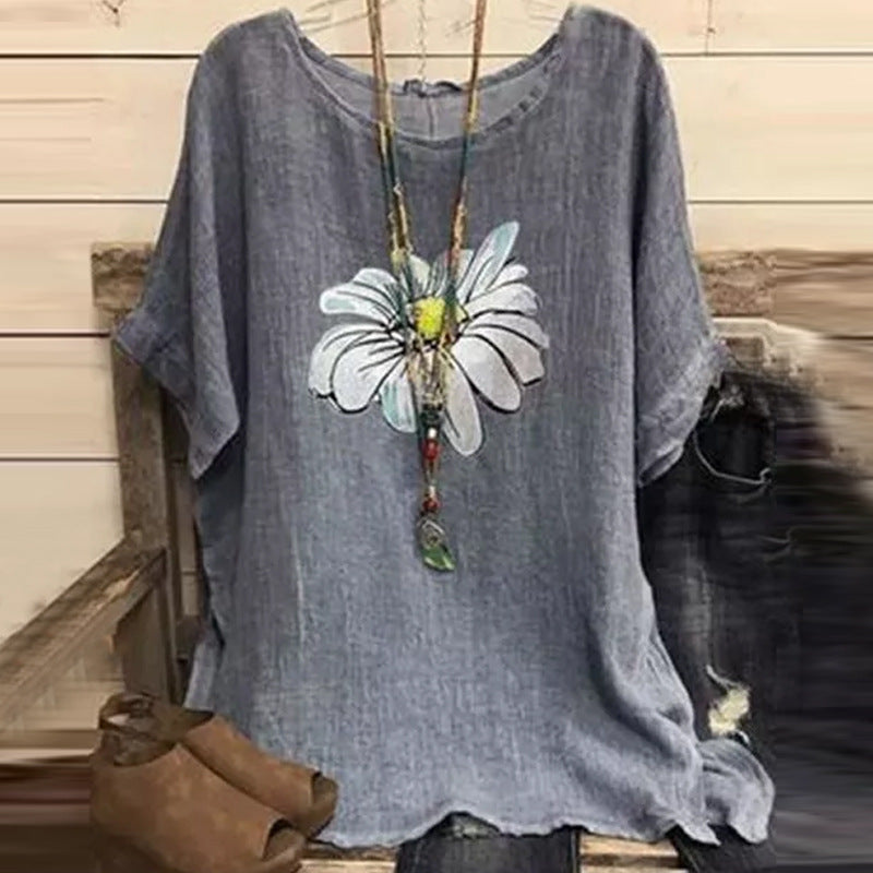 2020 new chrysanthemum print round neck T-shirt