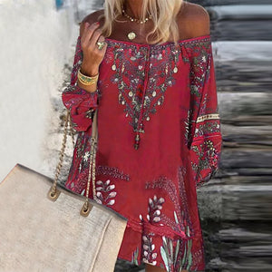 Fashion new loose sexy one-shoulder printed pullover blouse