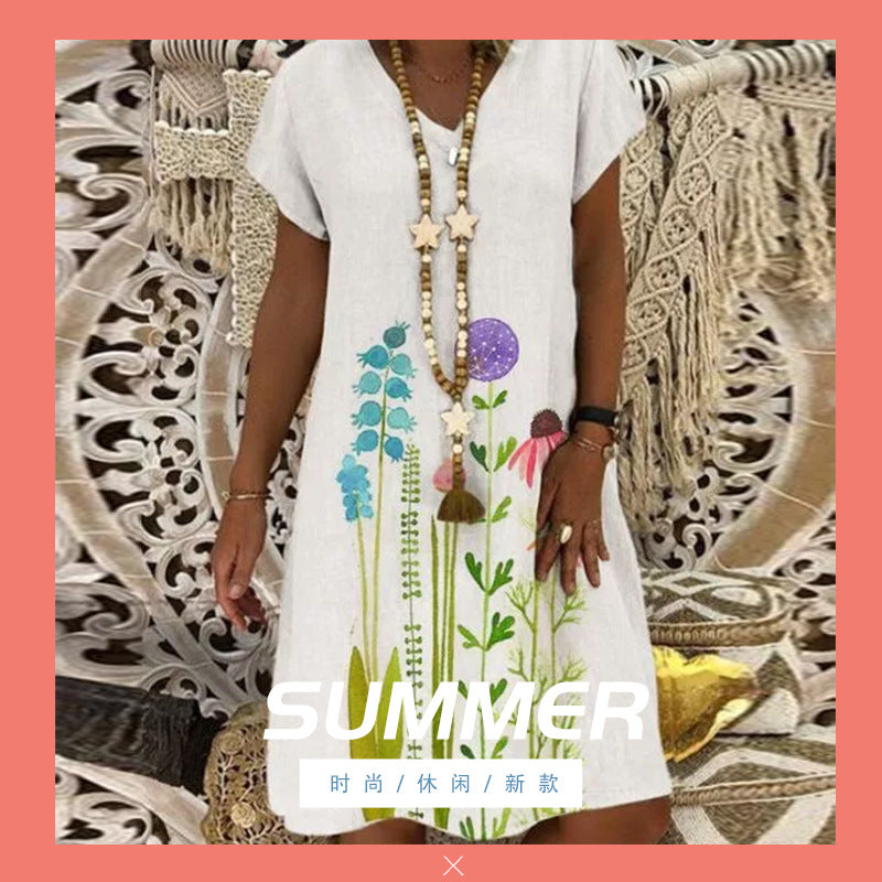 Fashion new printed bouquet waist V-neck short-sleeved A-line skirt