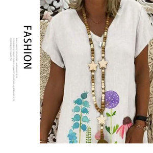 Fashion new printed bouquet waist V-neck short-sleeved A-line skirt