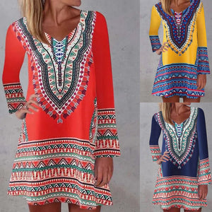 Fashion new style ethnic style stitching mid-length dress