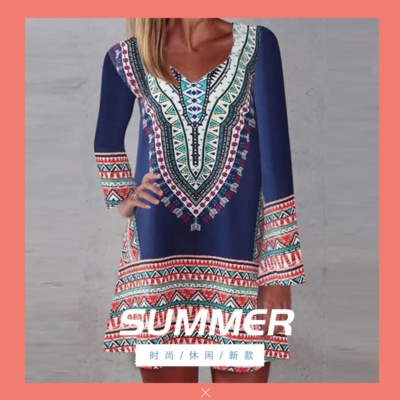 Fashion new style ethnic style stitching mid-length dress