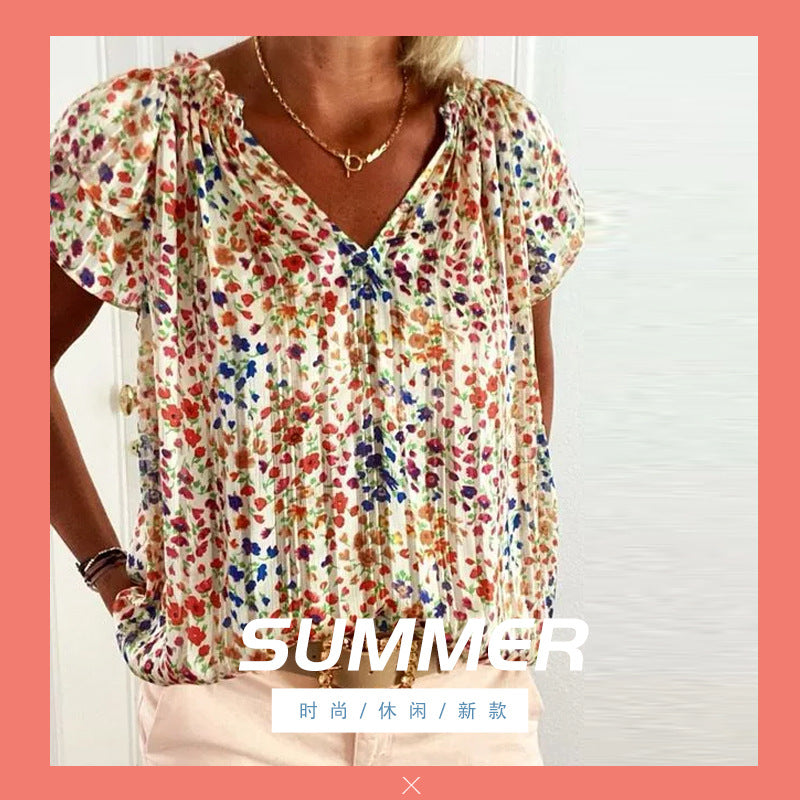 Fashion creative neckline style temperament V-neck floral short-sleeved shirt women