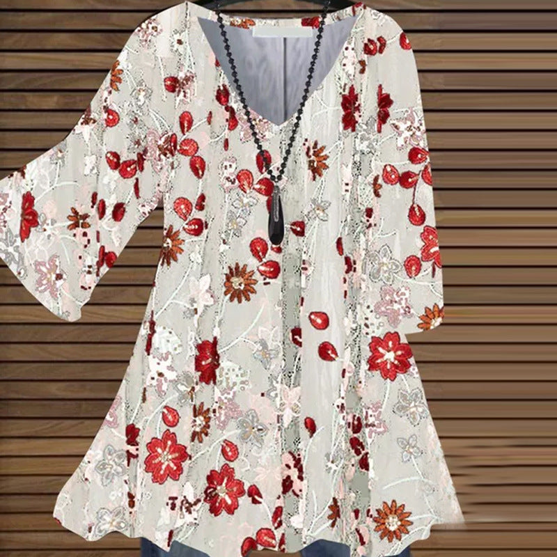 Fashion new loose casual printing V-neck shirt