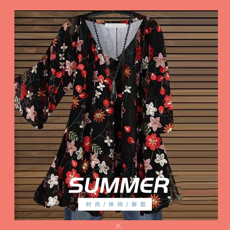 Fashion new loose casual printing V-neck shirt