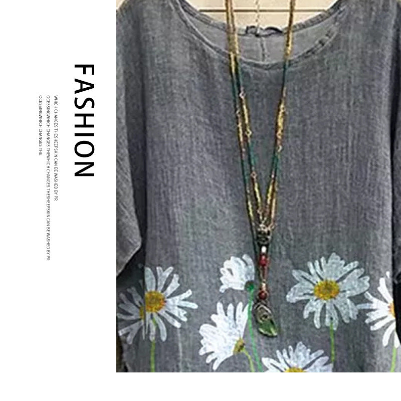 Fashion new sleeve round neck pullover floral picture short sleeve women