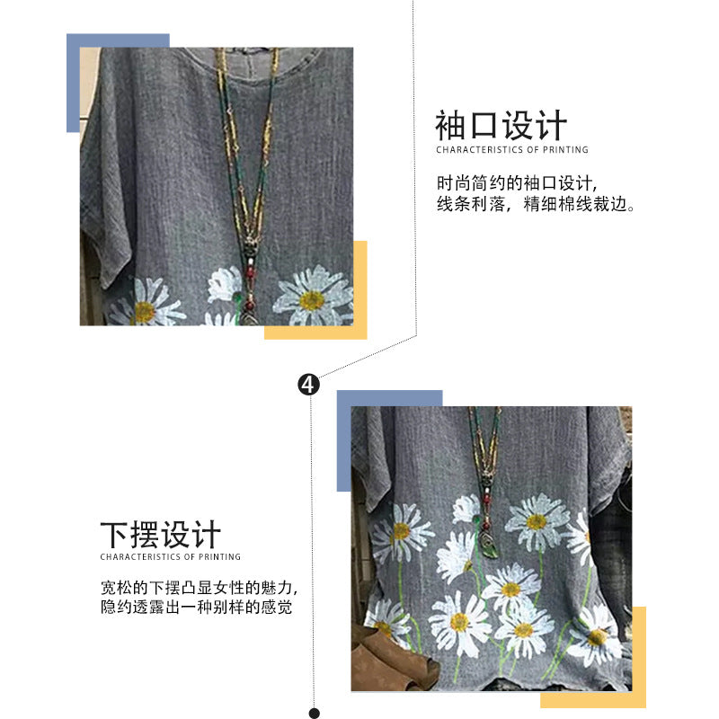 Fashion new sleeve round neck pullover floral picture short sleeve women