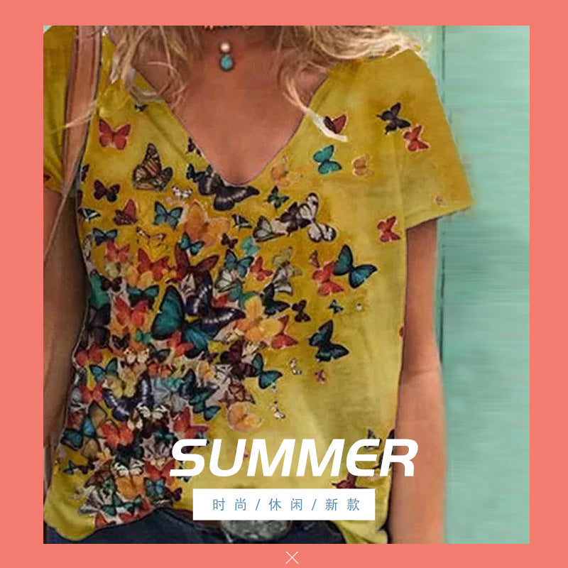 Fashion new printed ethnic style V-neck T-shirt