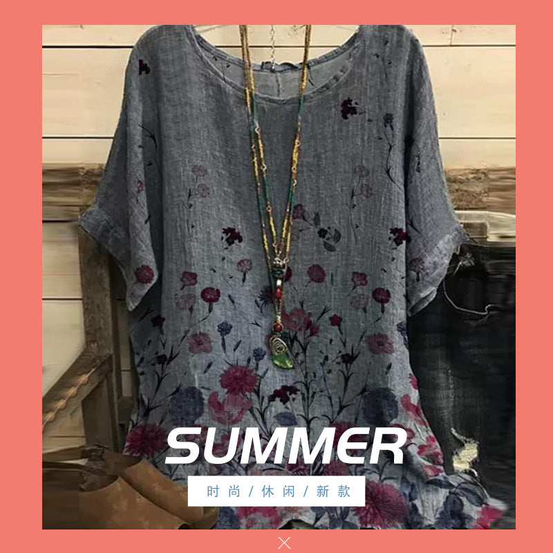 Fashion floral round neckline mid-length casual ethnic style dress