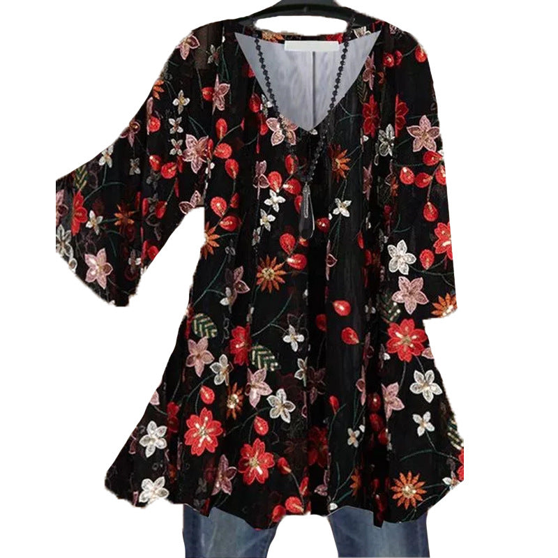 Fashion new loose casual printing V-neck shirt