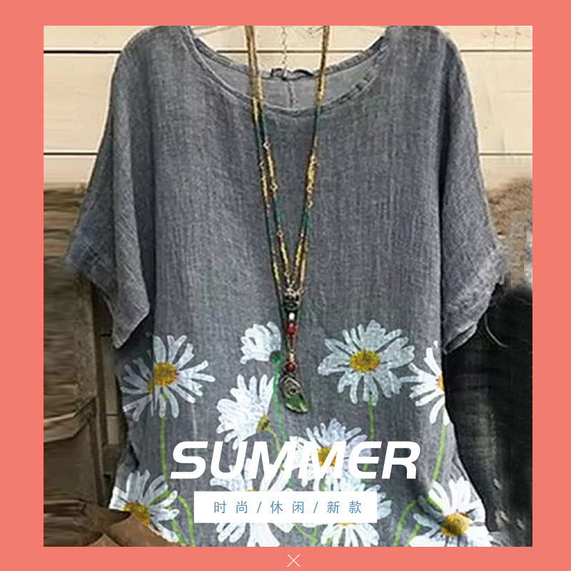 Fashion new sleeve round neck pullover floral picture short sleeve women