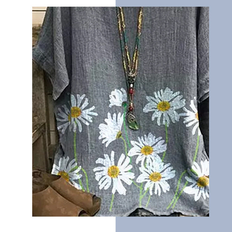 Fashion new sleeve round neck pullover floral picture short sleeve women