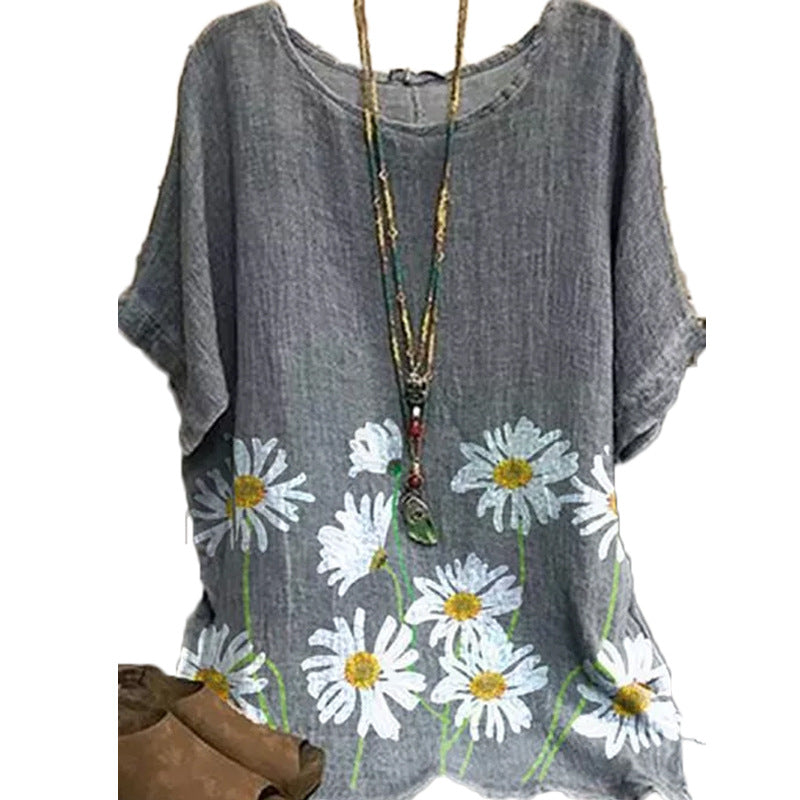 Fashion new sleeve round neck pullover floral picture short sleeve women