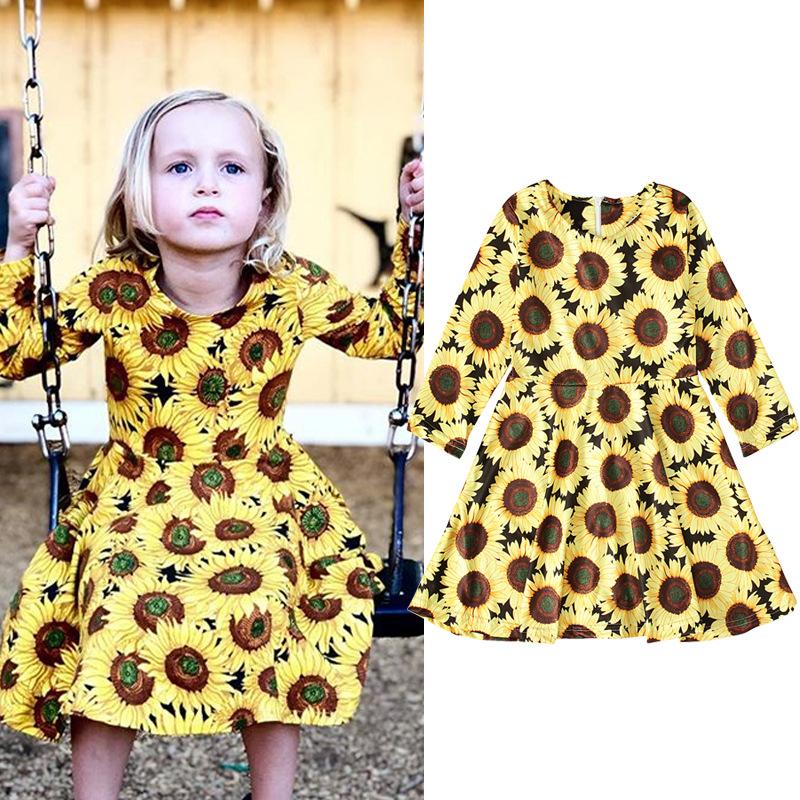 Kids sunflower O Neck Long Sleeve Dress