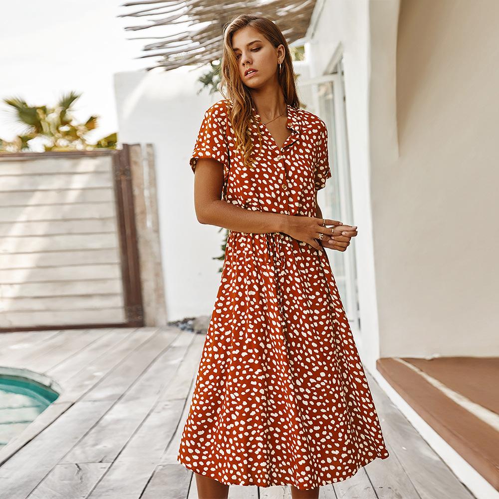 Floral Dress Women's Button Fitted Waist Lace Up Leopard Print Midi Dress