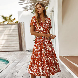 Floral Dress Women's Button Fitted Waist Lace Up Leopard Print Midi Dress