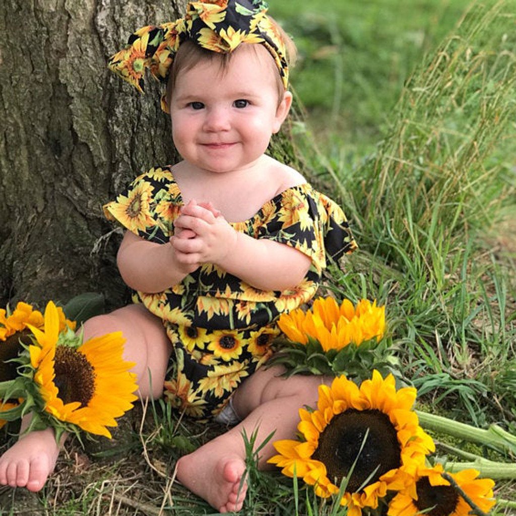 2020 Sunflower Baby Bodysuit Cute Belt Headband Outfit